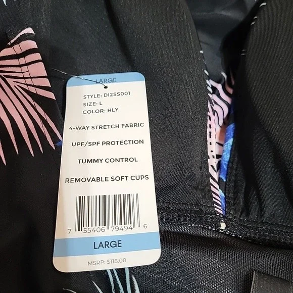 DKNY Women's Large One Piece Tummy‎ Control Swimsuit Black Floral Print Halter - Picture 7 of 7